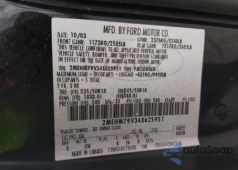 2004 Mercury Marauder из США, поврежденный, VIN 2MEHM79V34X625951